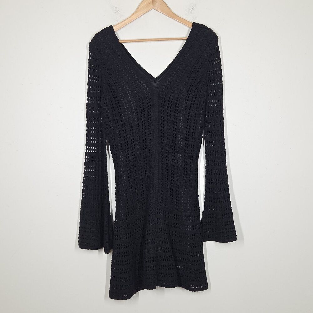NWT Union Of Angels Black Crochet Knit Bell Sleeve Mini Dress L Boho Fairy Goth